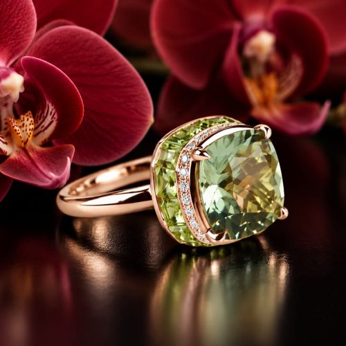 Ring in roos goud gezet met groene kwarts, peridoot en diamanten
