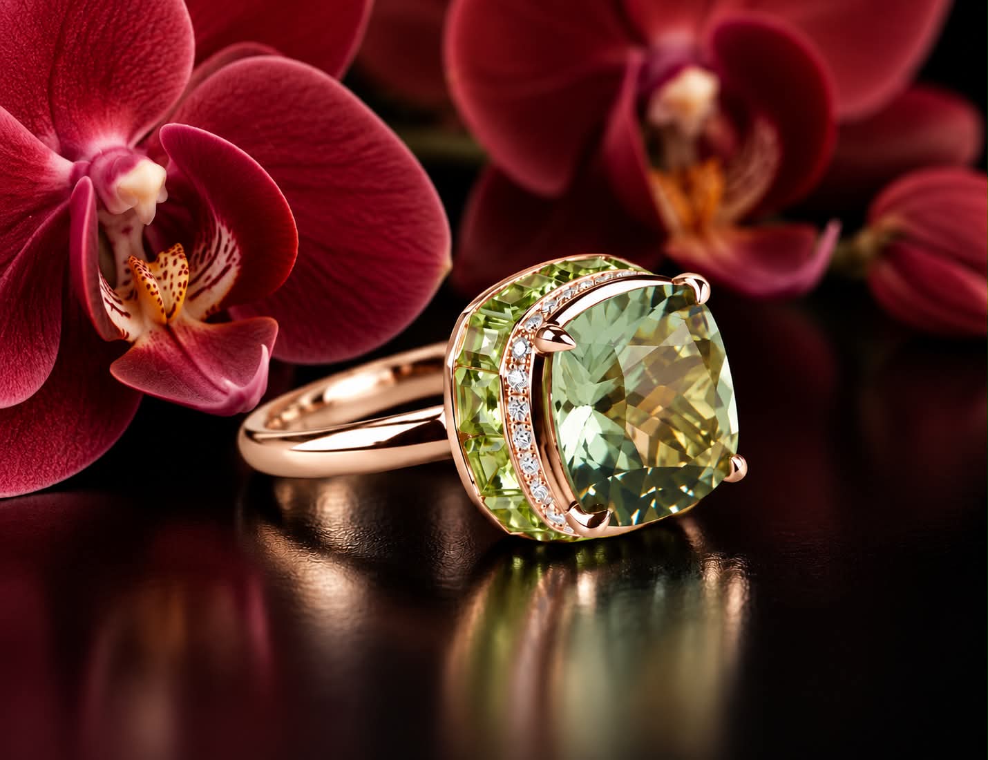 Ring in roos goud gezet met groene kwarts, peridoot en diamanten