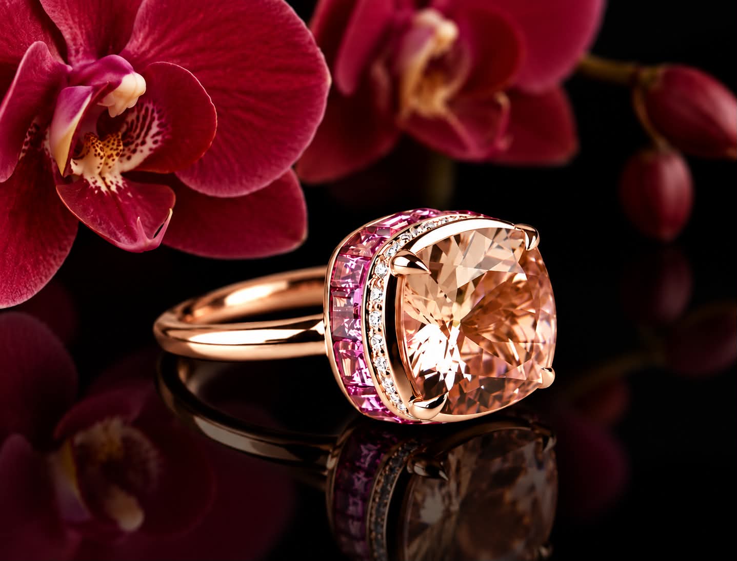 Ring in roos goud gezet met morganiet, roze toermalijnen en diamanten