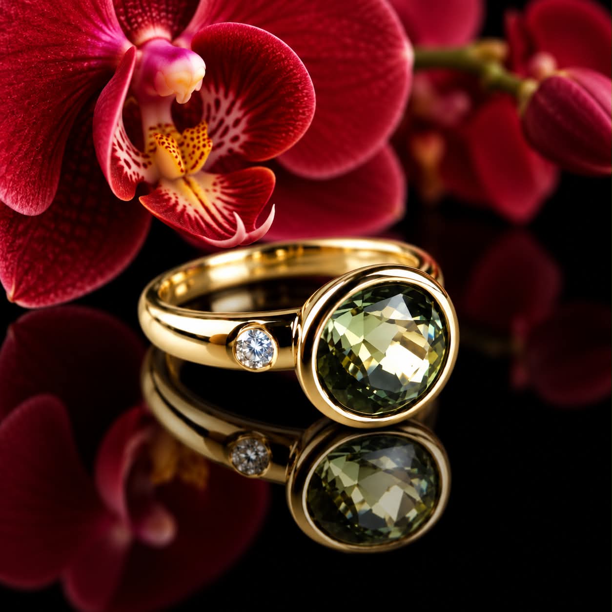 ring in roos goud gezet met groene toermalijn en diamant