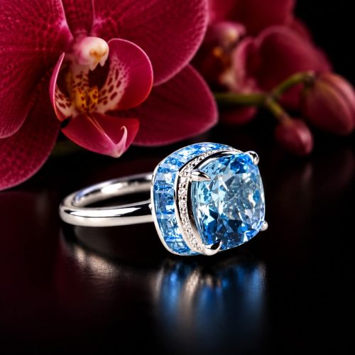 ring in wit goud gezet met blauwe topaas en diamant