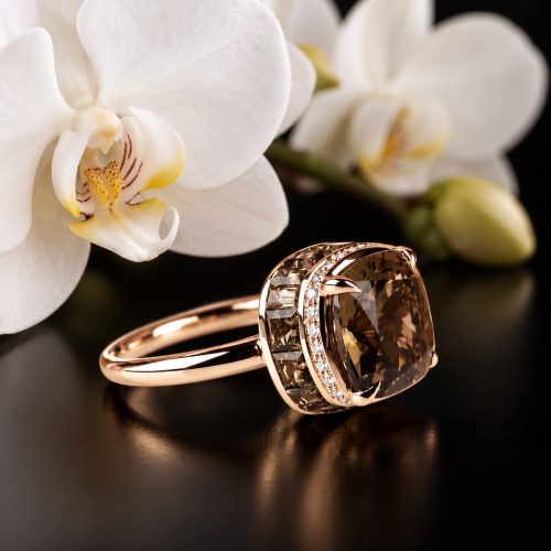 Ring in roos goud gezet met rookkwarts en diamant