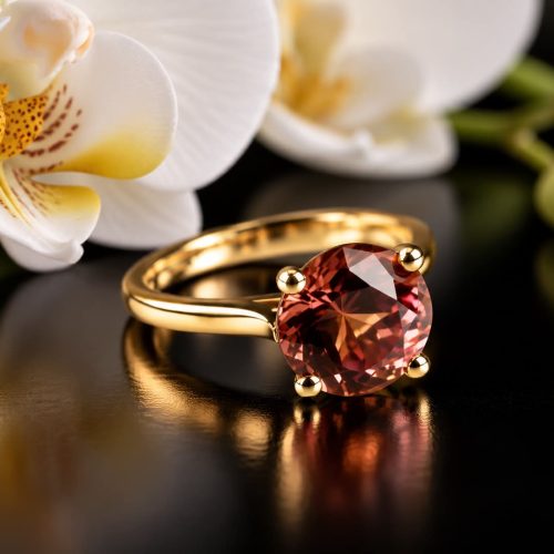 ring solitair in geel goud gezet met roze toermalijn