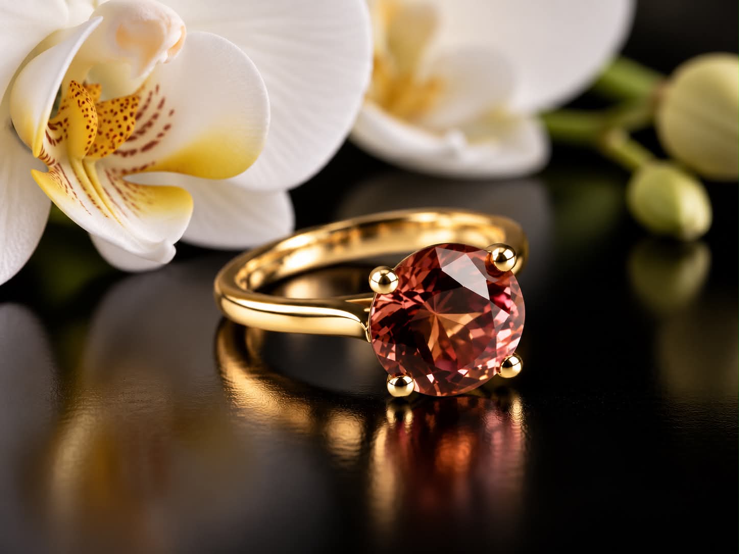 ring solitair in geel goud gezet met roze toermalijn