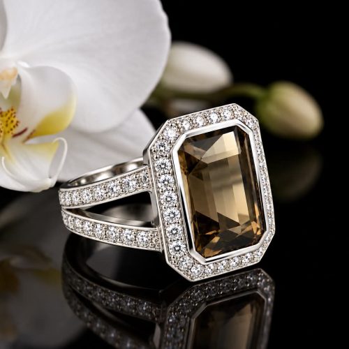 ring in wit goud gezet met rookkwarts en diamant