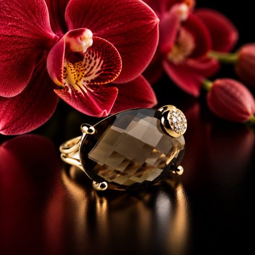 Ring in geel goud gezet met rookkwarts en diamant