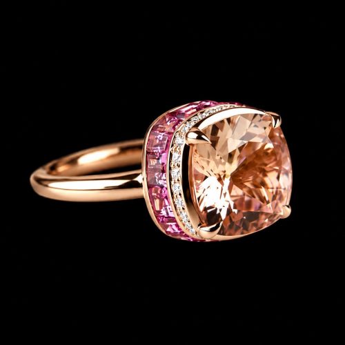 Ring in roos goud gezet met morganiet, roze toermalijnen en diamanten - Afbeelding 3