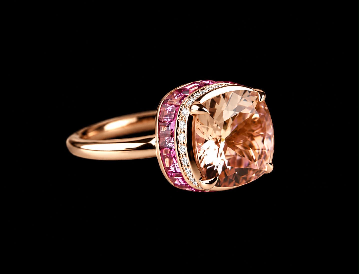 Ring in roos goud gezet met morganiet, roze toermalijnen en diamanten - Afbeelding 3