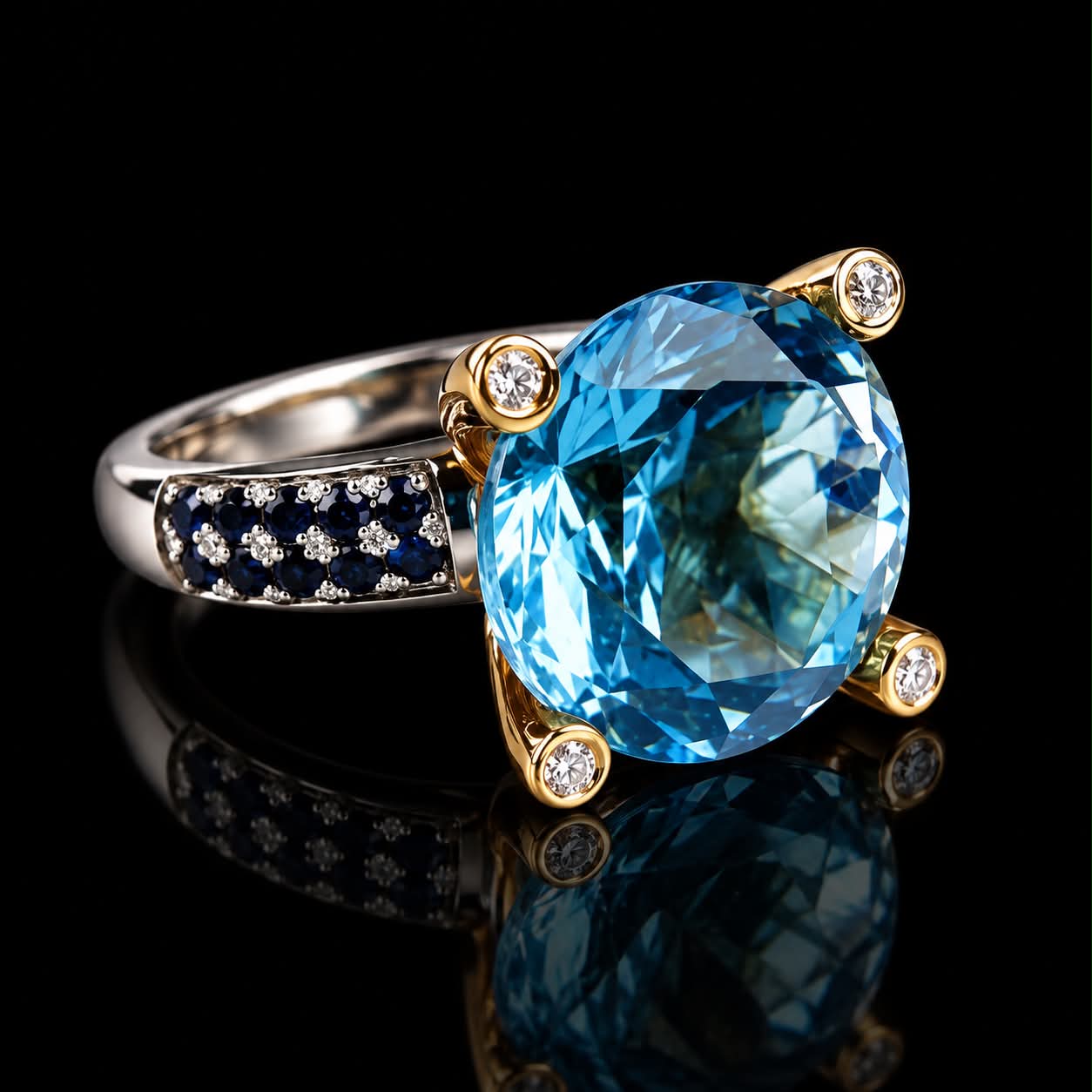 Ring in wit en roos goud gezet met blauwe topaas blauwe saffieren en diamant