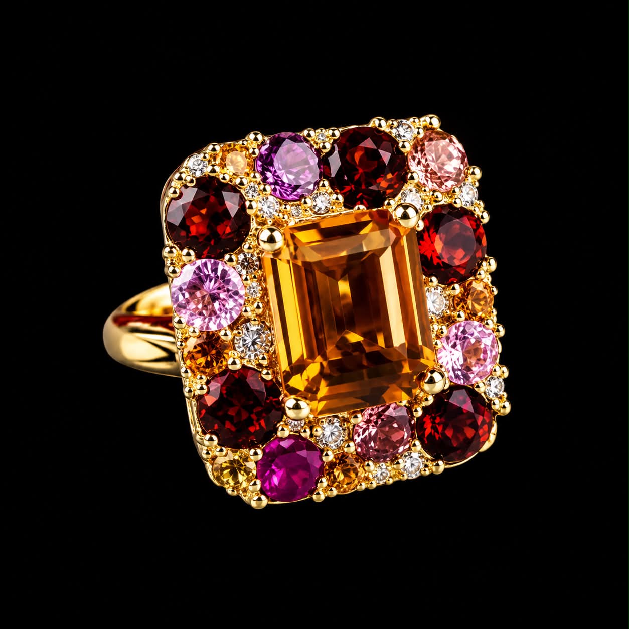 Ring in geel goud gezet met citrien, granaat, roze saffier en diamant