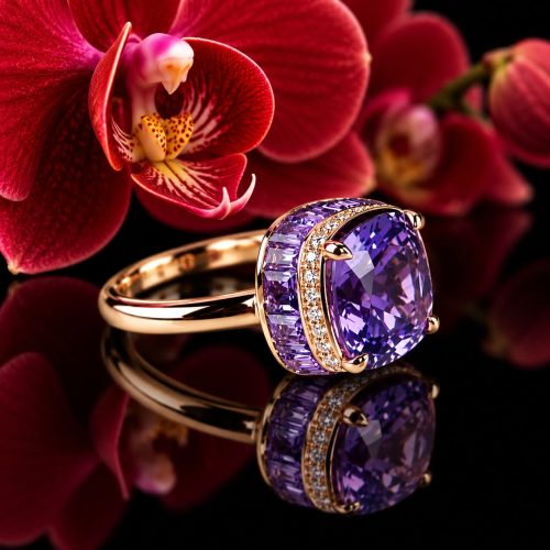 Ring in roos goud gezet met amethist en diamanten