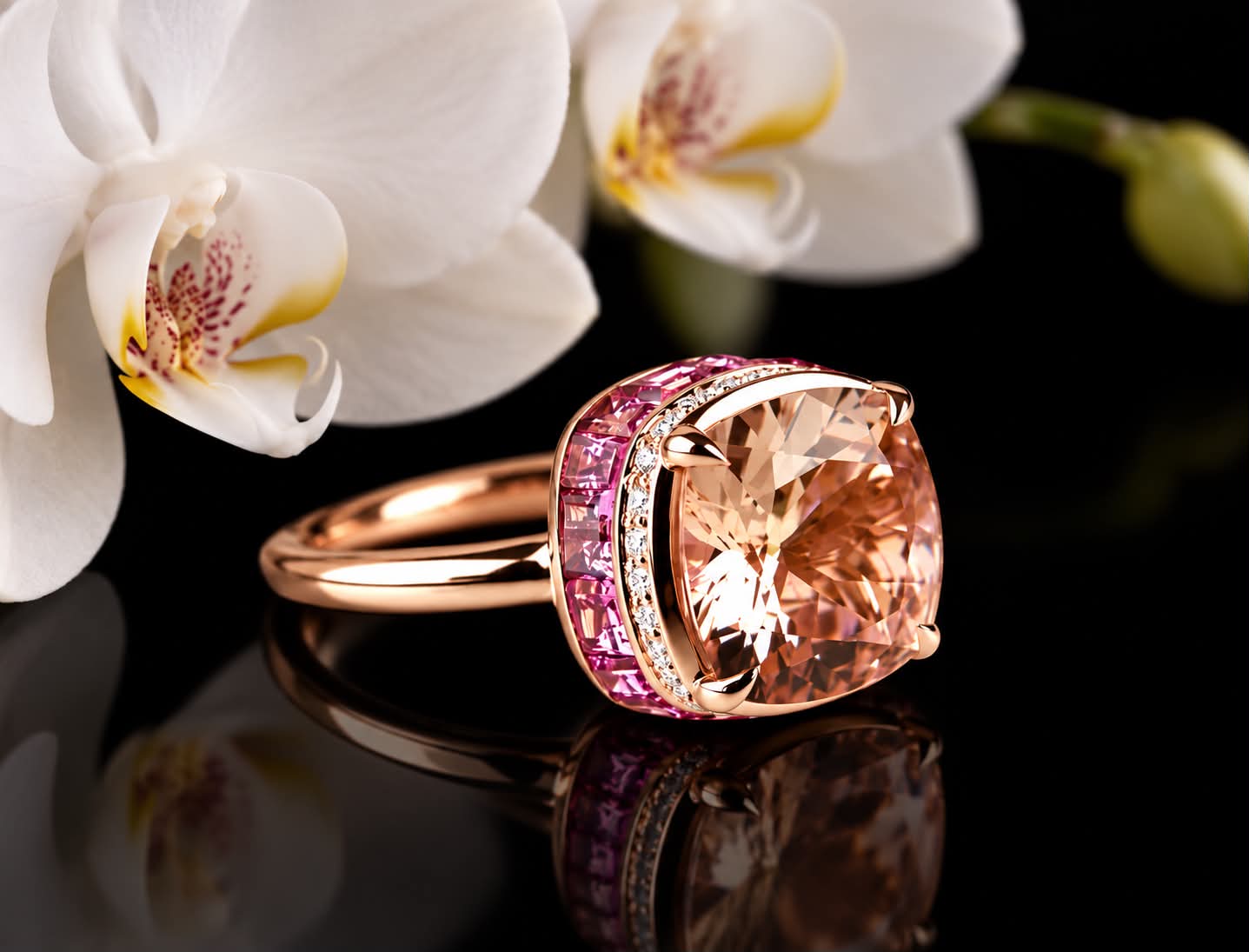 Ring in roos goud gezet met morganiet, roze toermalijnen en diamanten - Afbeelding 2