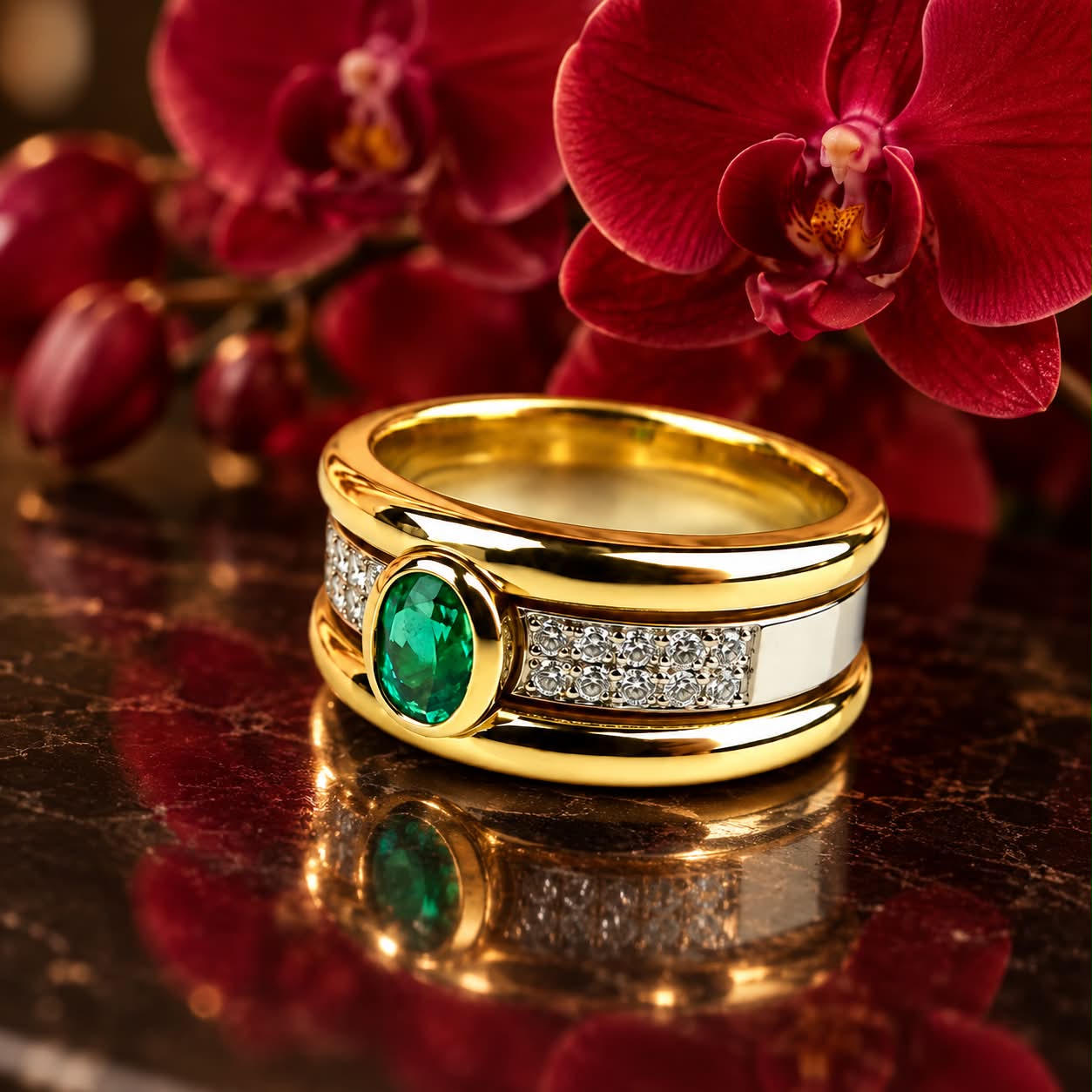 ring in geel en wit goud gezet met smaragd en diamant