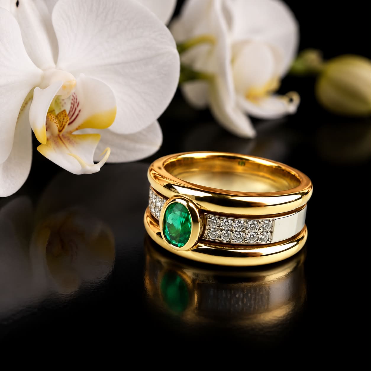 ring in geel en wit goud gezet met smaragd en diamant
