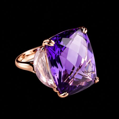 ring in roos goud gezet met amethist en roze kwarts