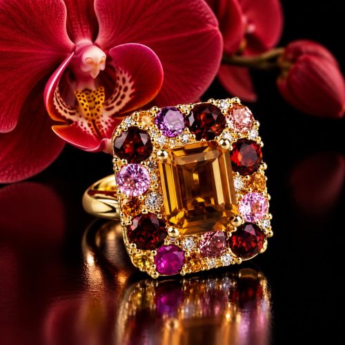 Ring in geel goud gezet met citrien, granaat, roze saffier en diamant