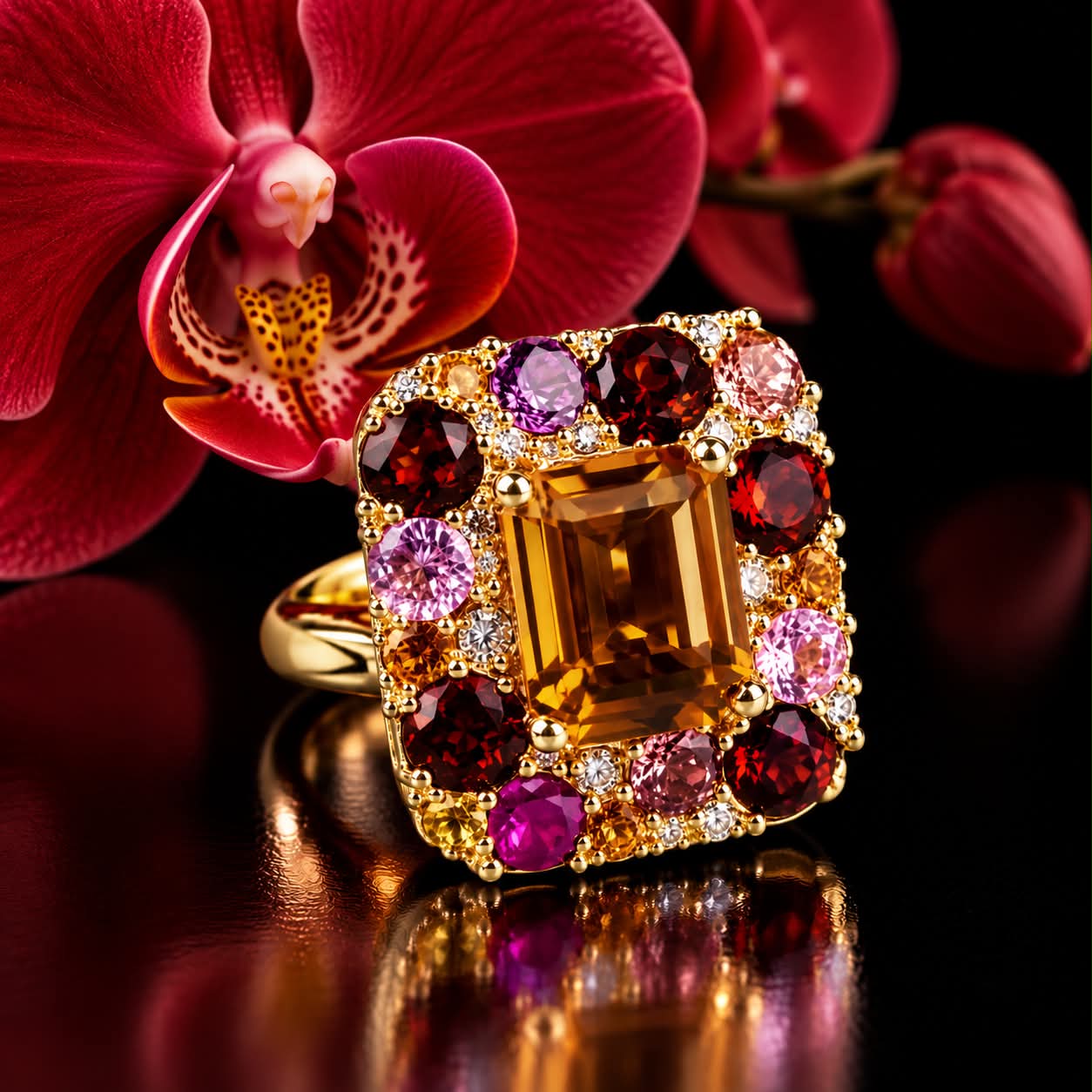 Ring in geel goud gezet met citrien, granaat, roze saffier en diamant