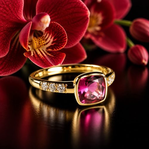 ring in roos goud gezet met roze toermalijn en diamant