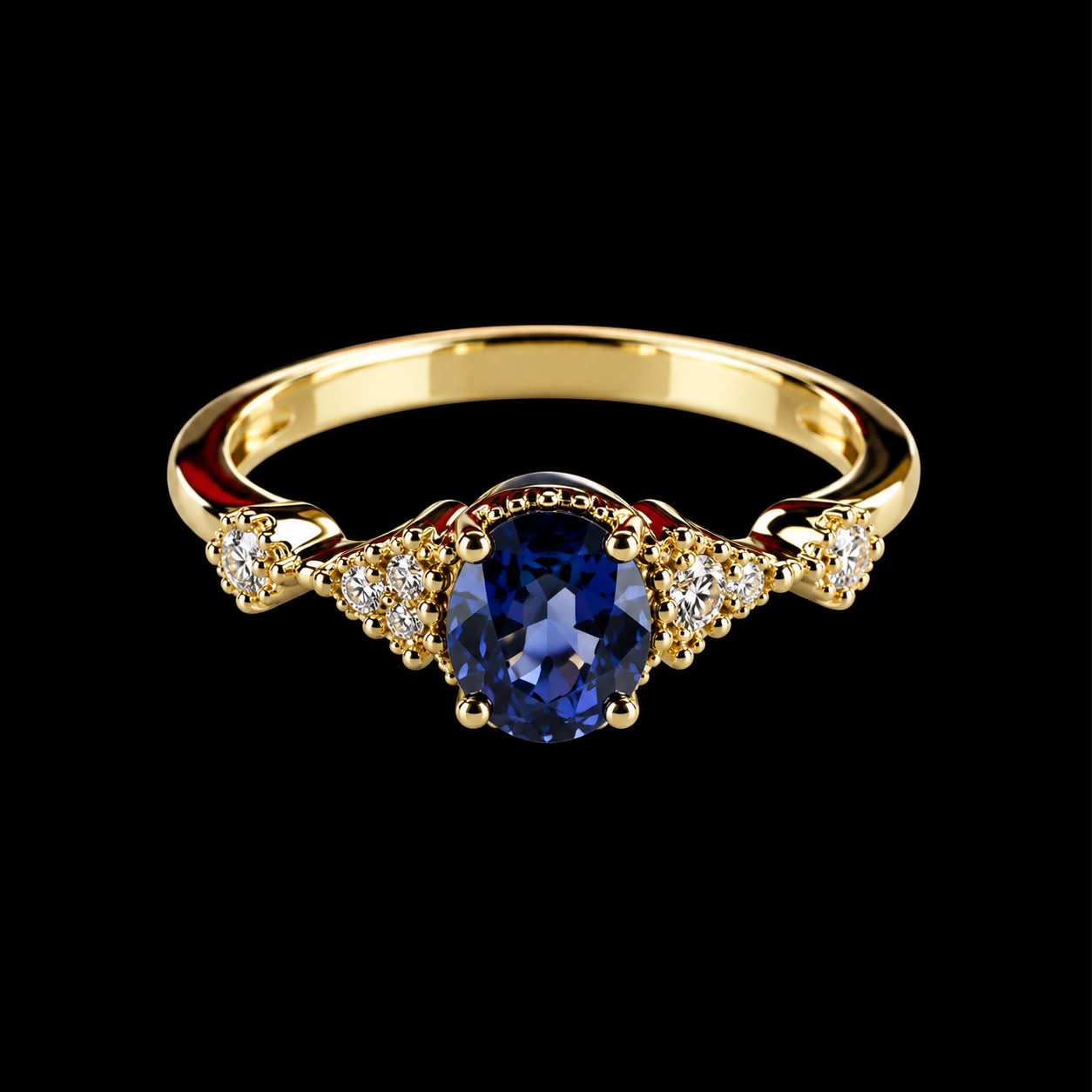 ring in geel goud gezet met blauwe saffier en diamant