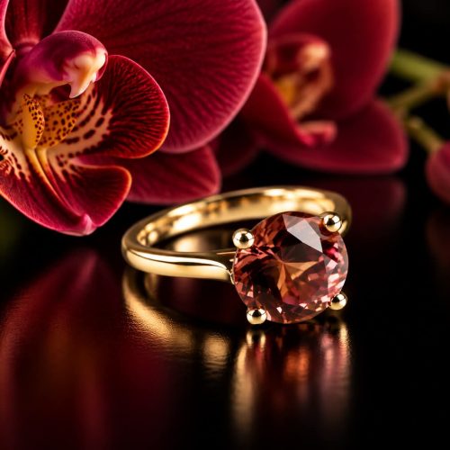 ring solitair in geel goud gezet met roze toermalijn