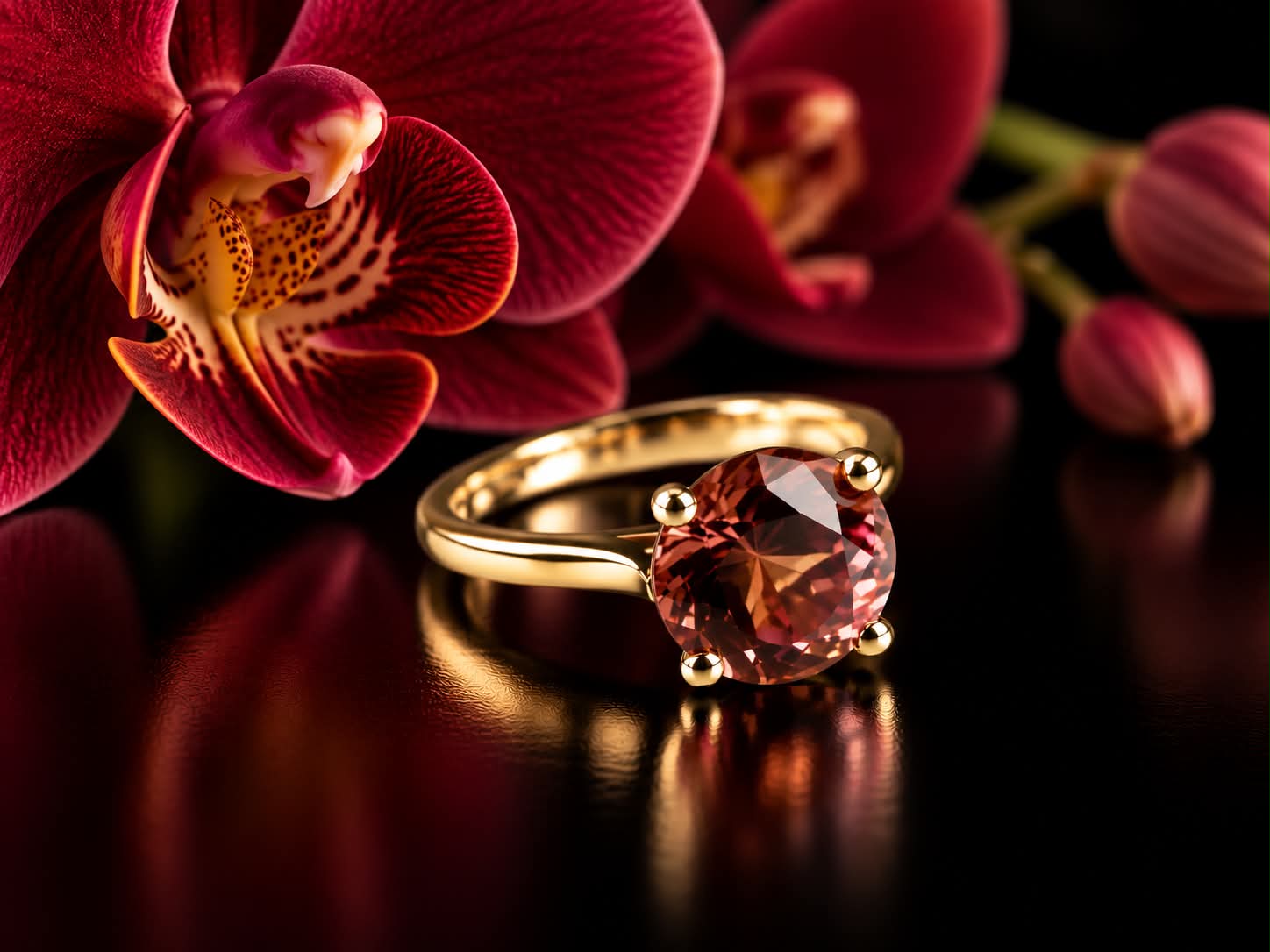 ring solitair in geel goud gezet met roze toermalijn