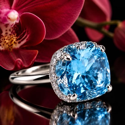 ring in wit goud gezet met blauwe topaas en diamant