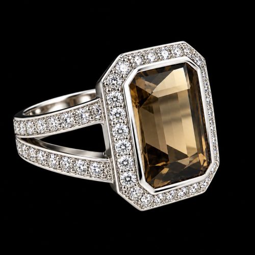 ring in wit goud gezet met rookkwarts en diamant
