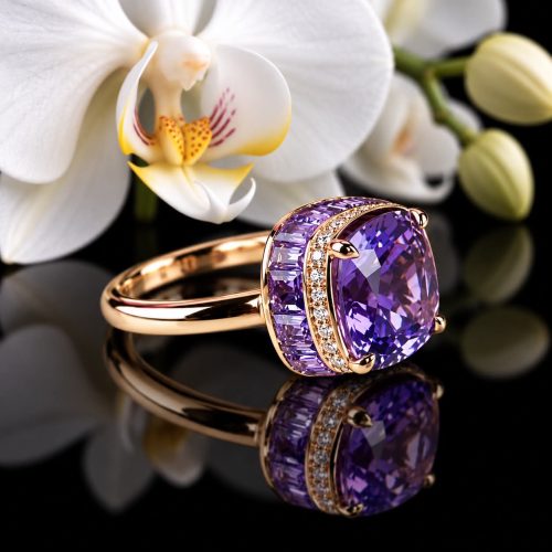 Ring in roos goud gezet met amethist en diamanten