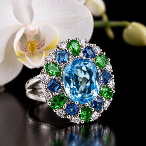 Ring in wit goud gezet met blauwe topaas, Londen topazen, groene saffieren en diamant