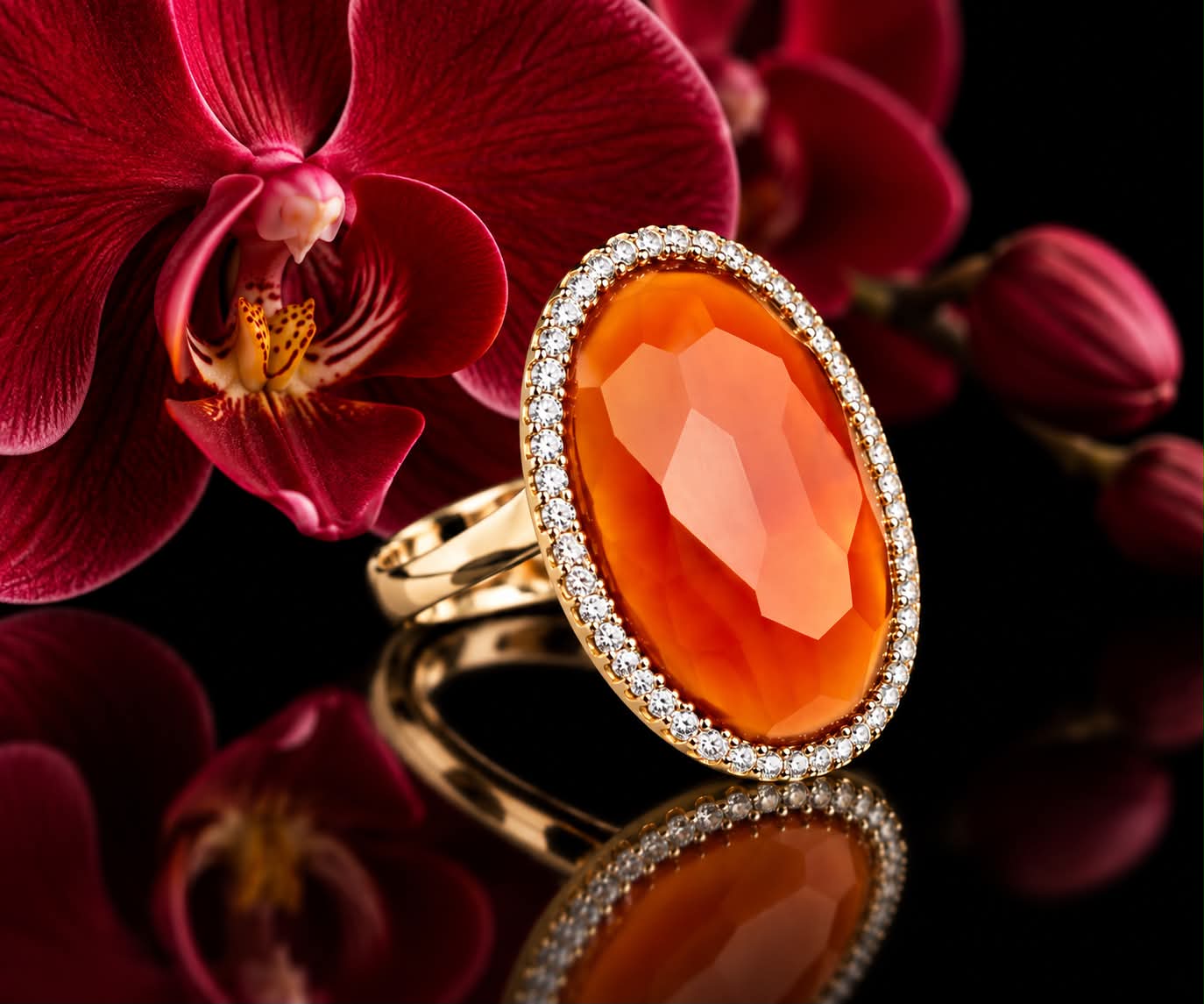 Ring in geelgoud gezet met oranje carneool en diamant