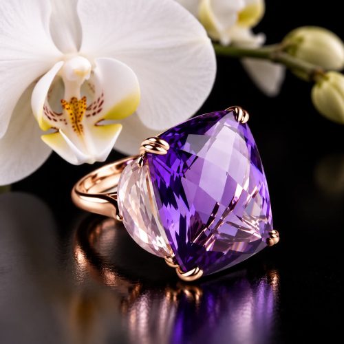 ring in roos goud gezet met amethist en roze kwarts