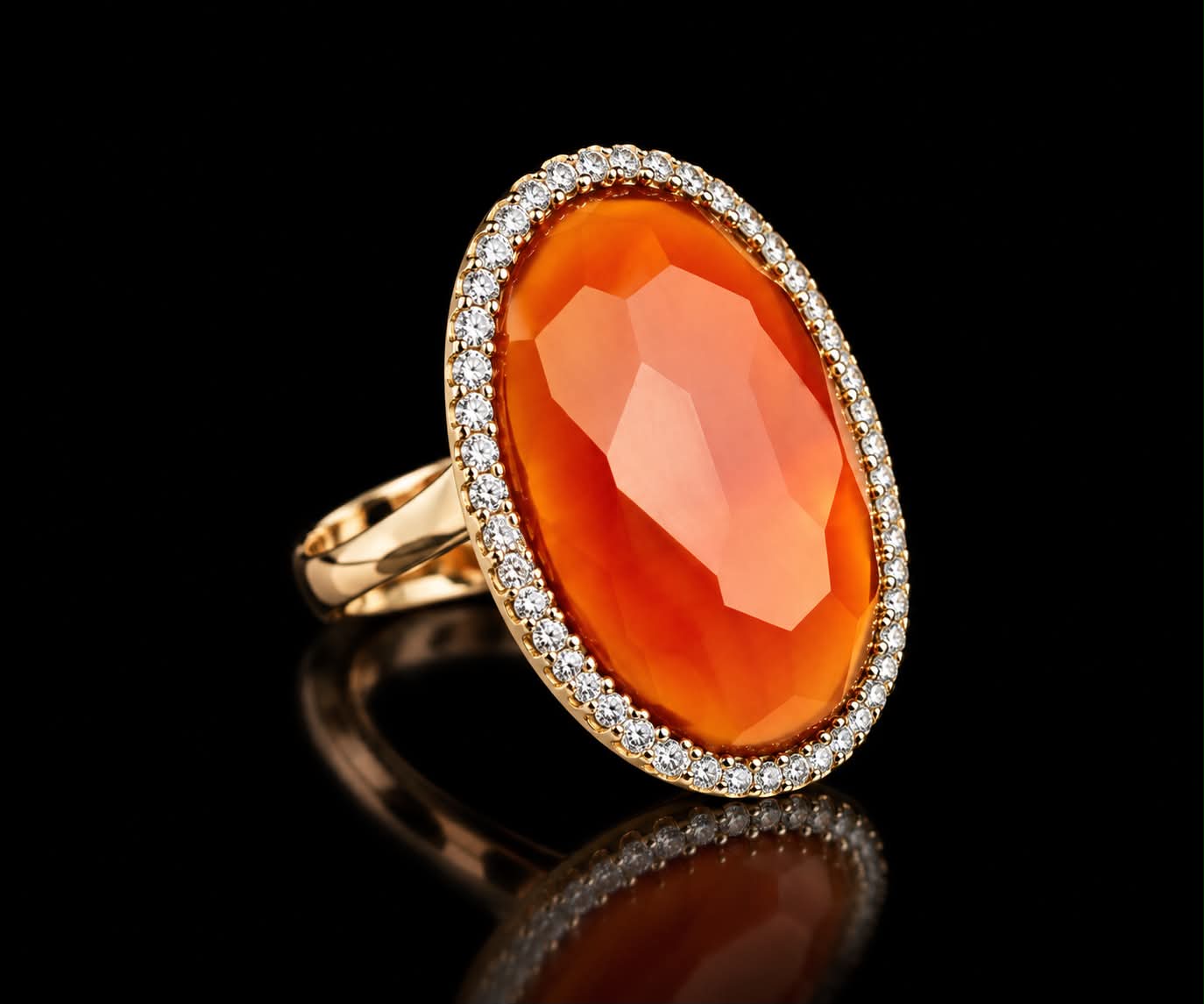 Ring in geelgoud gezet met oranje carneool en diamant