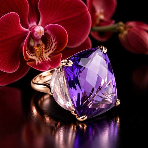 ring in roos goud gezet met amethist en roze kwarts