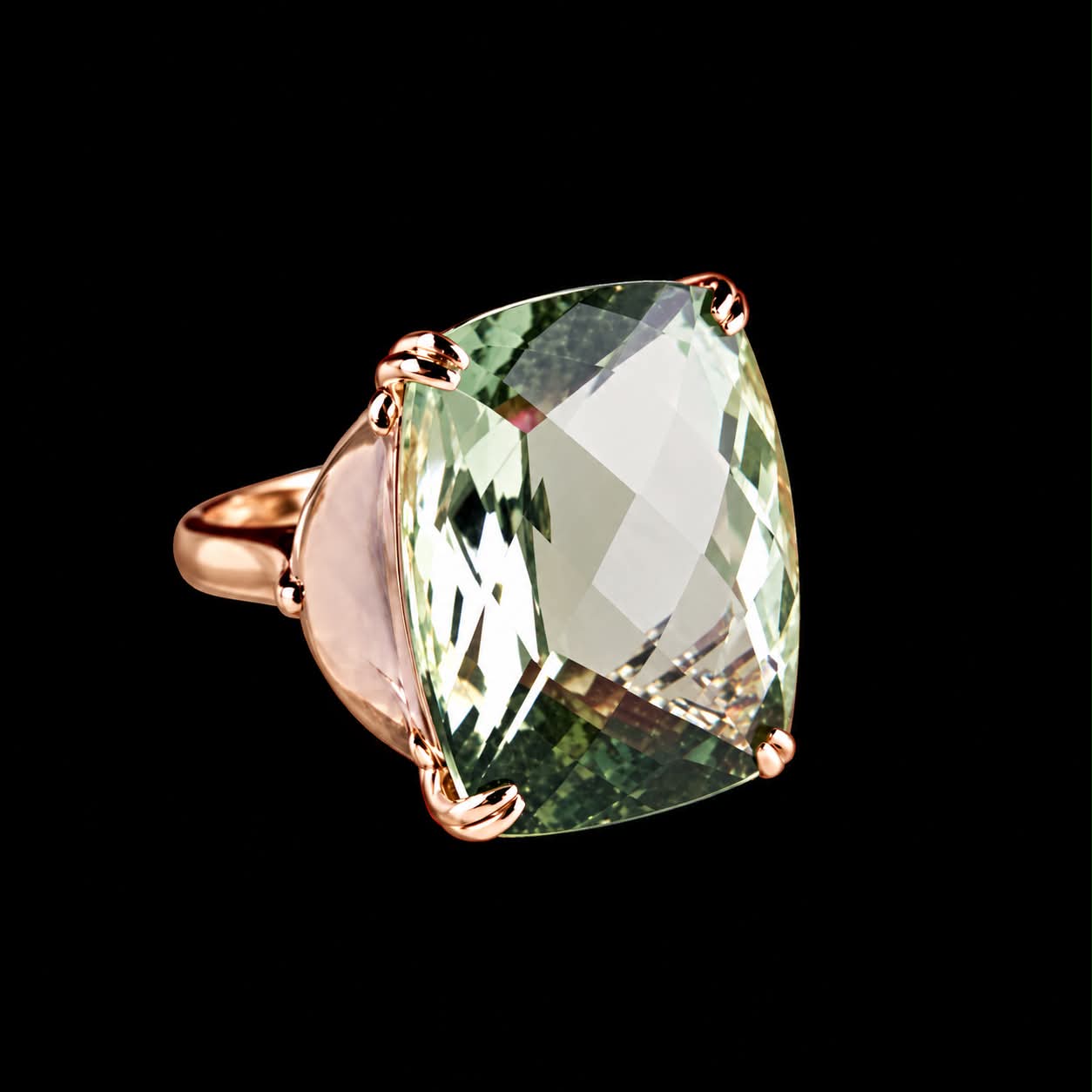 ring in roos goud gezet met groene kwarts en roze kwarts