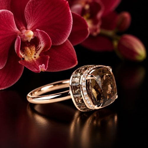 Ring in roos goud gezet met rookkwarts en diamant