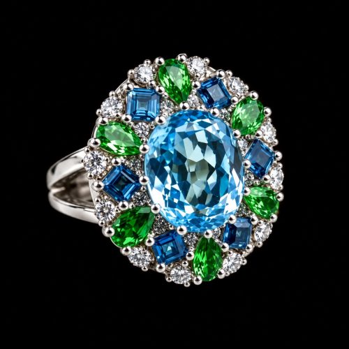 Ring in wit goud gezet met blauwe topaas, Londen topazen, groene saffieren en diamant