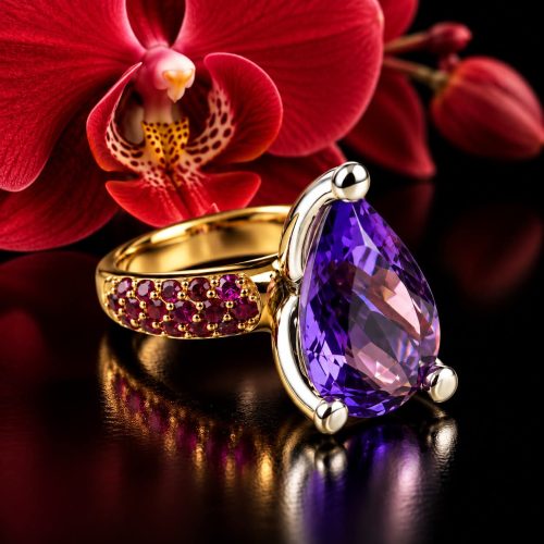 ring in wit en roségoud gezet met amethist, robijn en diamant
