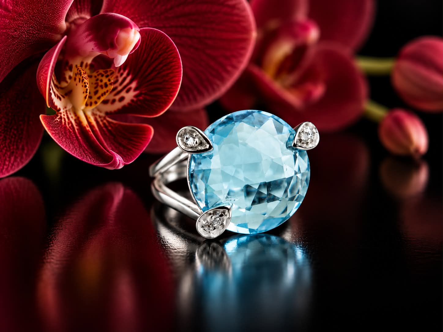 Ring in wit goud gezet met blauwe topaas en diamant