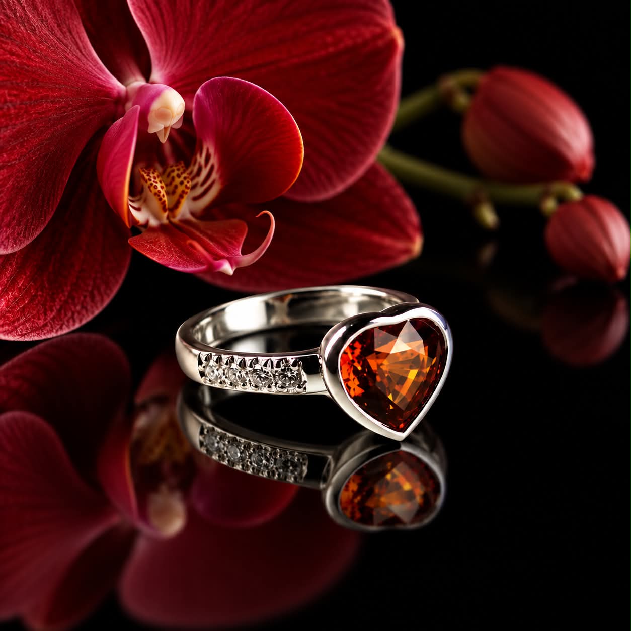 ring in wit goud gezet met citrien hartvorm en diamant