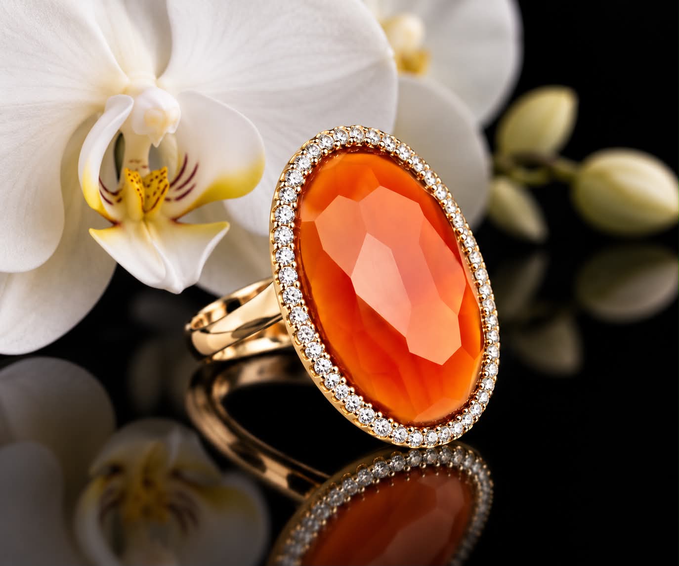 Ring in geelgoud gezet met oranje carneool en diamant