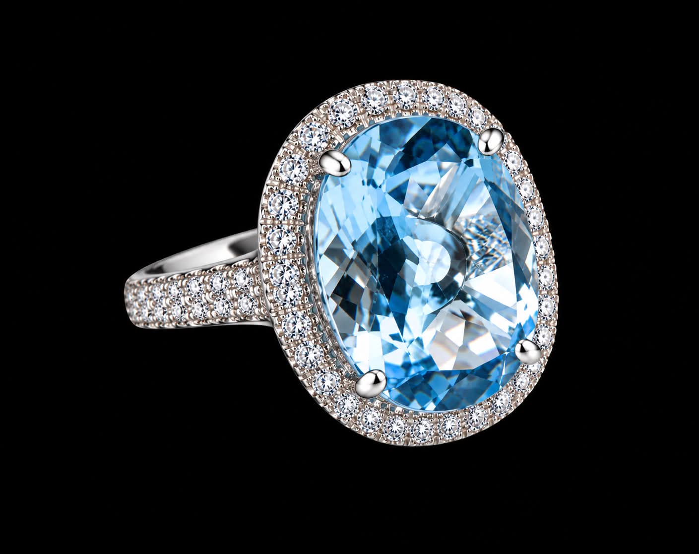 grote ring in wit goud gezet met blauwe topaas en diamant