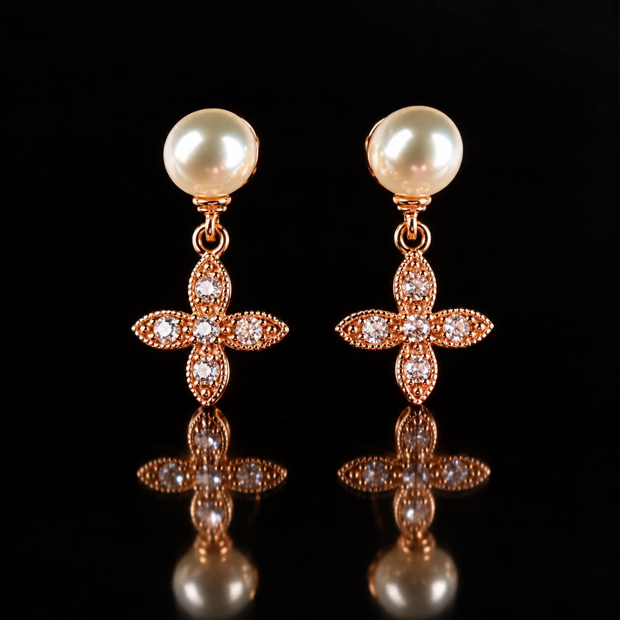 Zilveren oorringen oorbellen roos goud verguld Model Pearl Light gezet met parel en cubic zirconia