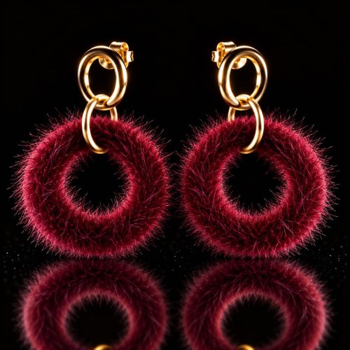 Oorringen Model Cirkel Fur goudkleurig met bordeaux rode pels cirkel