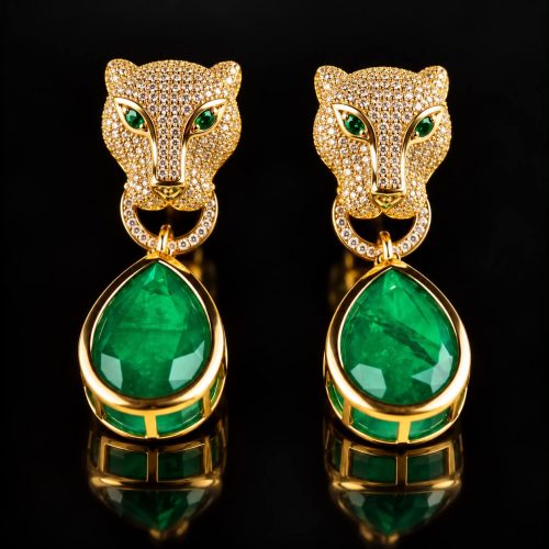 Zilveren oorringen geelgoud verguld panter met groene steen en cubic zirconia