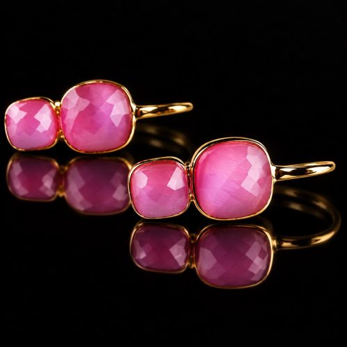 Zilveren oorringen oorbellen geelgoud verguld 2 stenen fushia roze