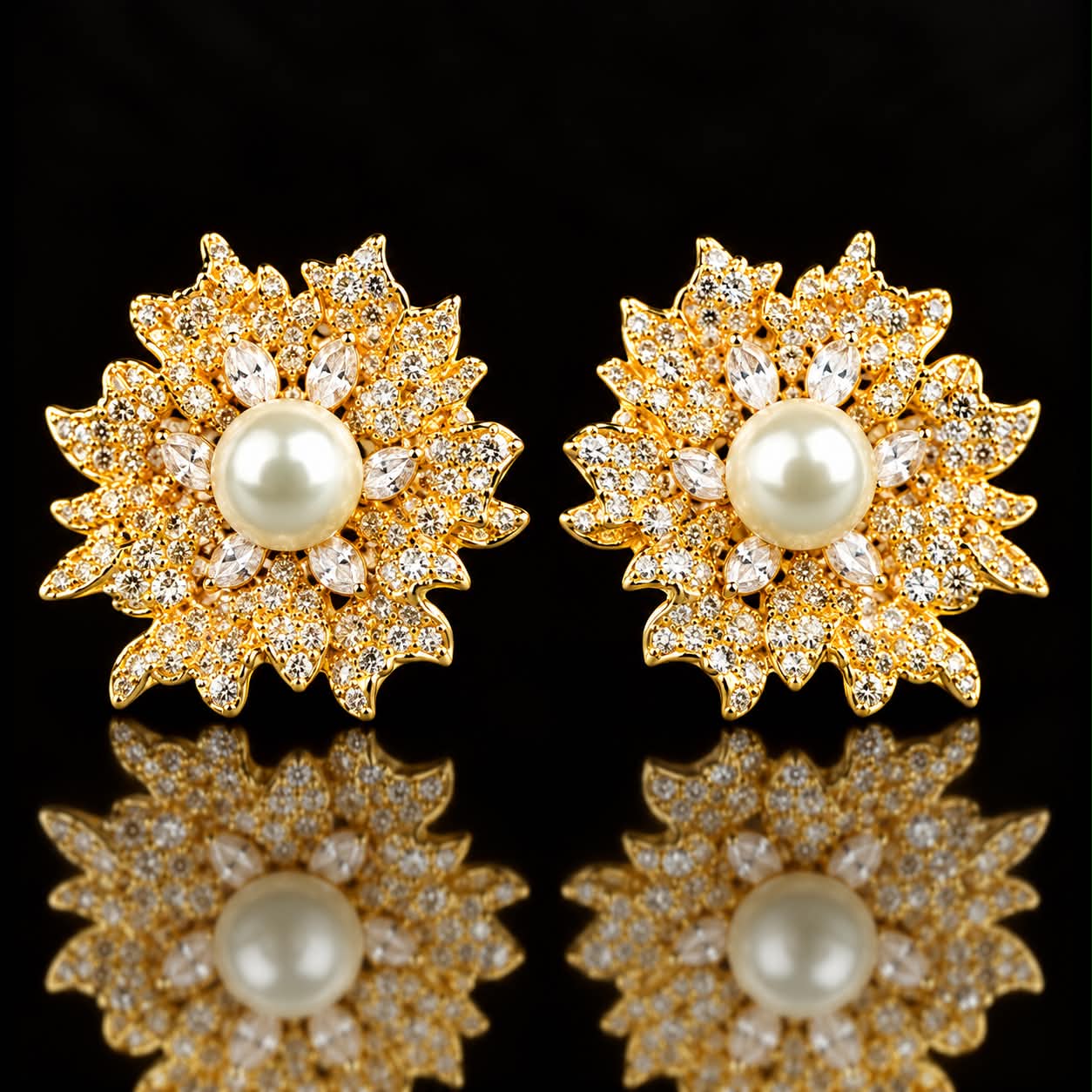 Model Golden Flower zilveren oorringen geel goud verguld gezet met cubic zirconia en parel