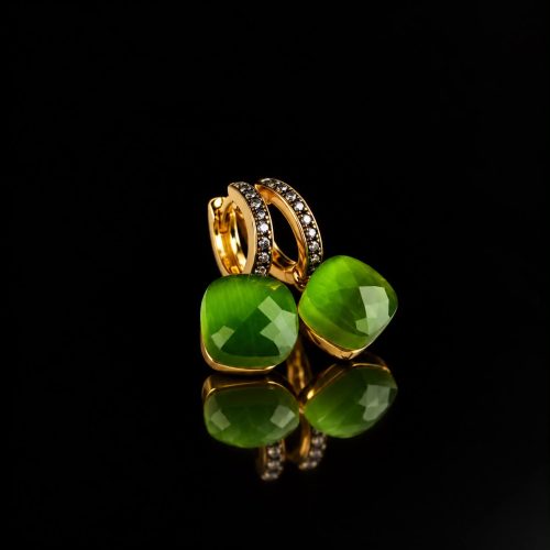 Zilveren oorringen oorbellen geelgoud verguld model pomellato met kaki groene steen