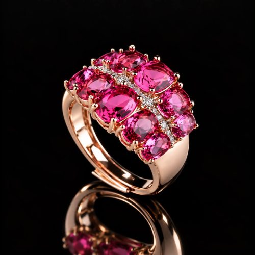 Brede zilveren ring roze goud verguld gezet met roze rode stenen en cubic zirconia