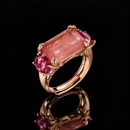 Zilveren ring roze goud verguld gezet met roze rode stenen