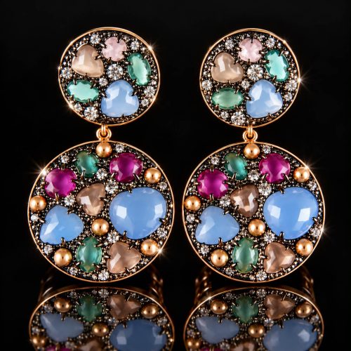 Oorringen Model Double Full Moon zilveren oorringen oorbellen gezet met blauwe en roze stenen